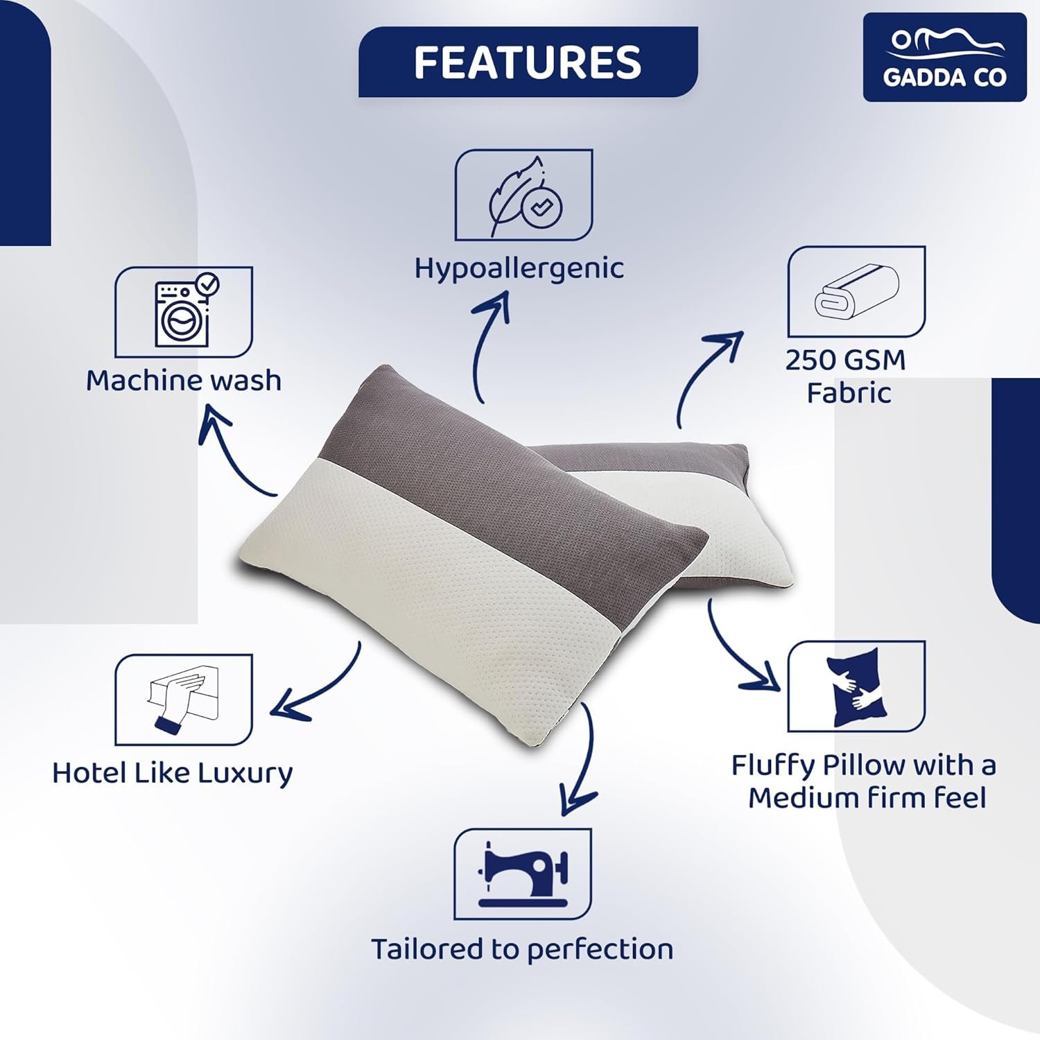 GADDA CO Hollow Sleeping Fiber Pillow with Zip | Set of 2| Height Adjustable Sleeping Bed Pillow, Soft and Fluffy | White and Grey, Standard Size with 3 Months Warranty - Image 3