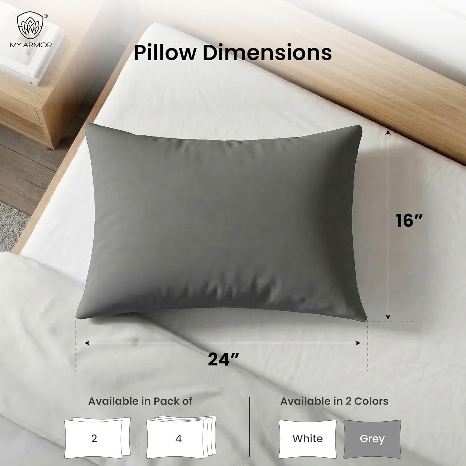 MY ARMOR Height Adjustable Microfiber Pillows Set of 2 for Sleeping - 16"x24" Standard Pillow | 6 Months Warranty | 41 x 61 cm - Grey - Image 3